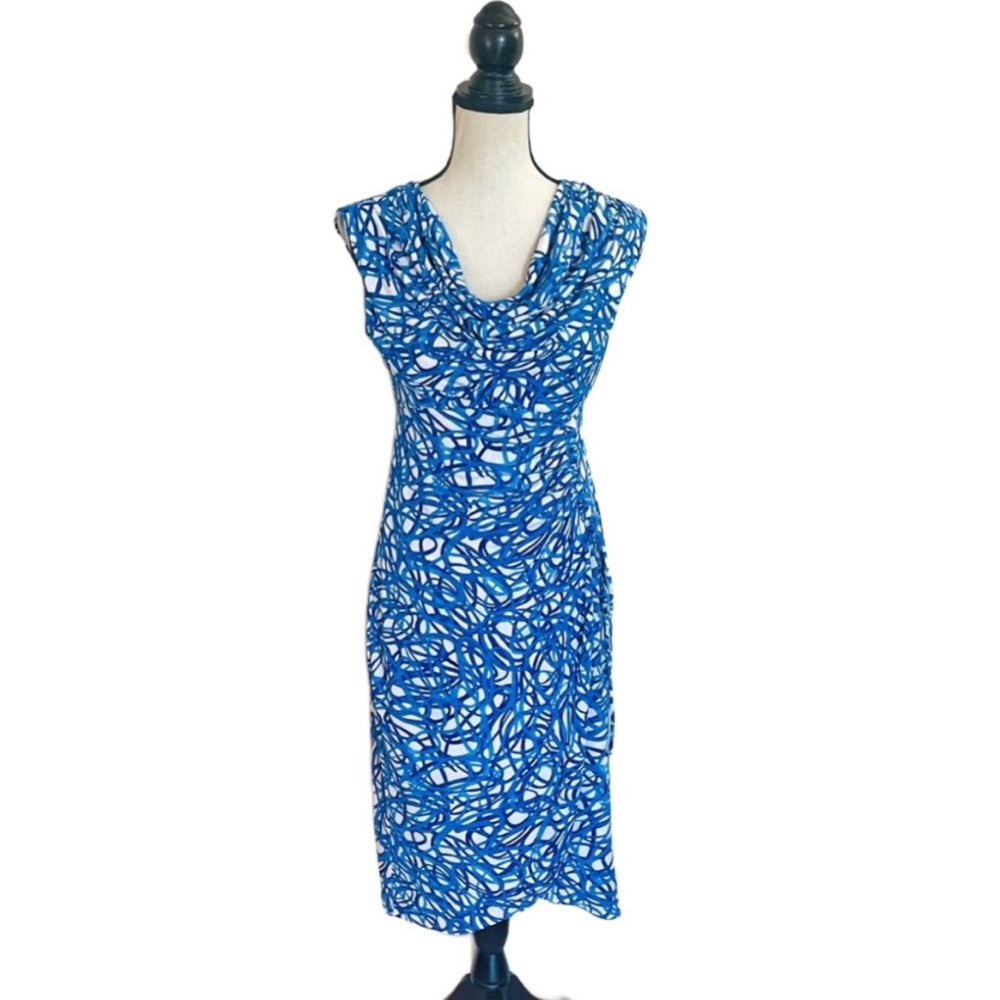 Maggy London sleeveless blue white printed wrap sheath 
dress cowl neck size 6